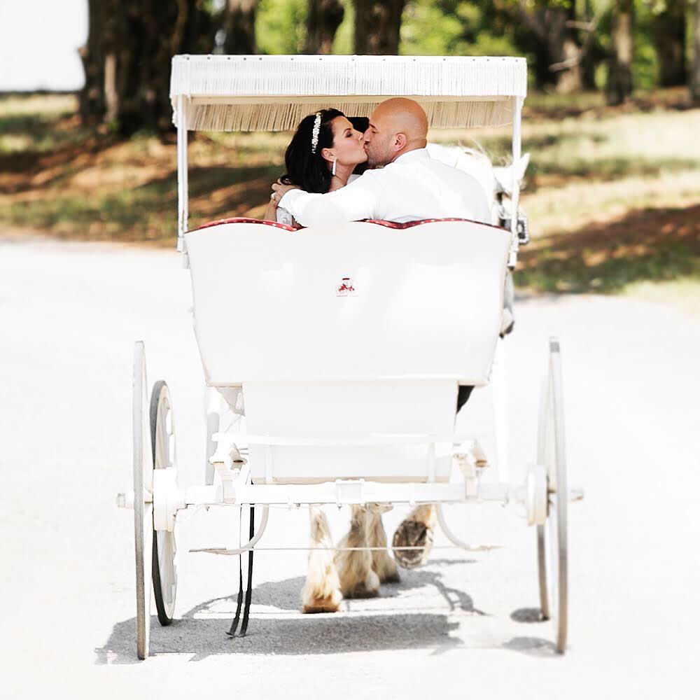 bride and groom kissing on horse drawn carriage