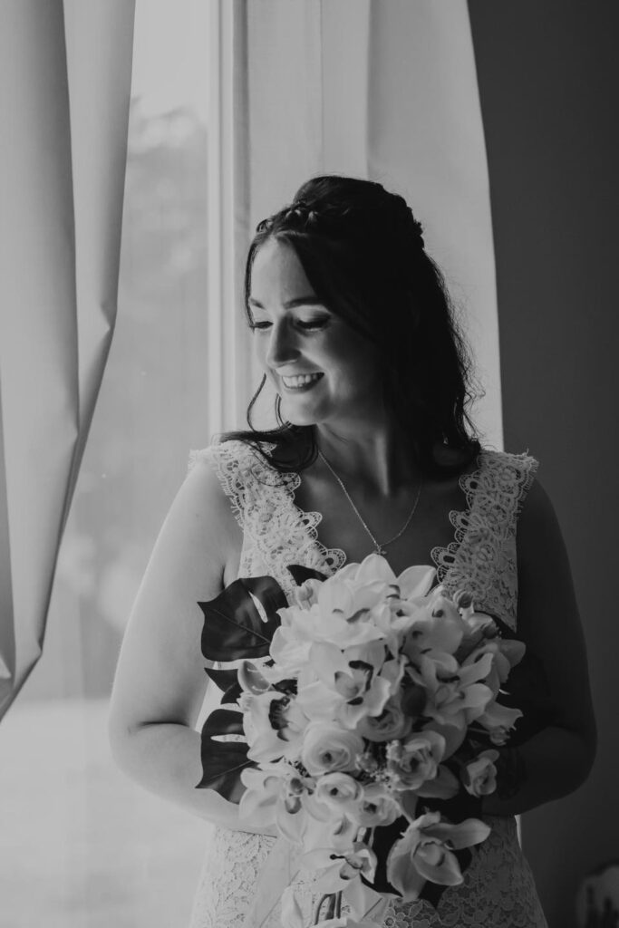 black and white portrait of bride