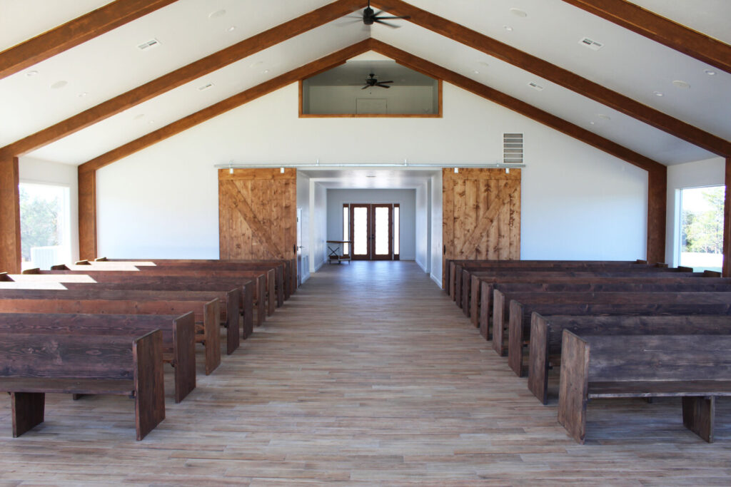 church pews in wedding chapel