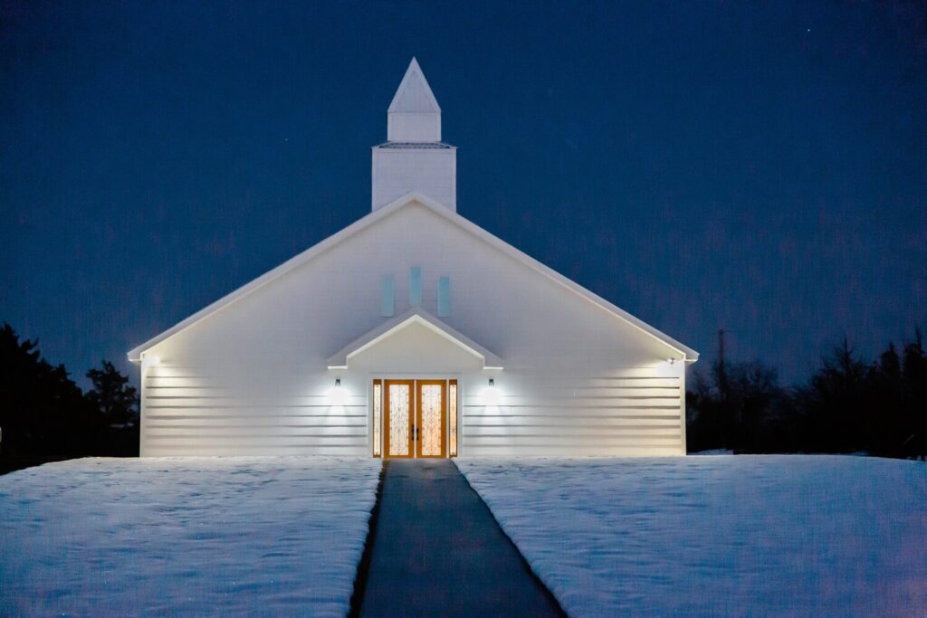 snow covered chapel