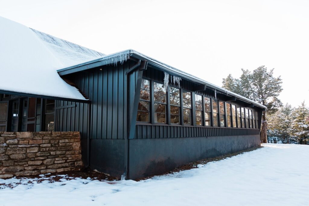 snow on exterior of wedding venue