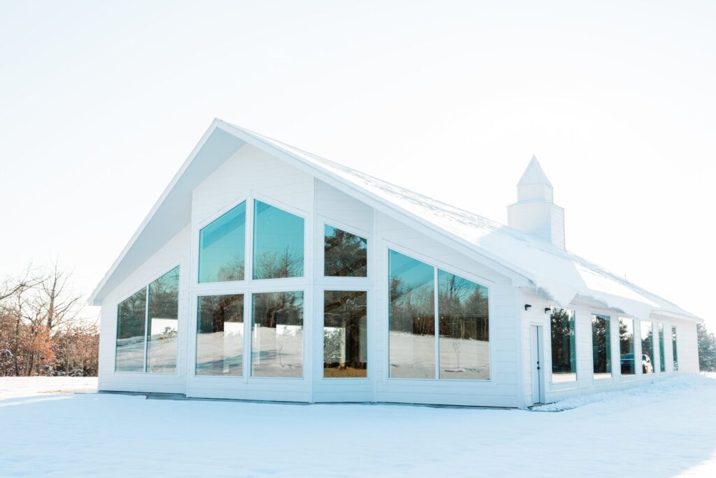 wedding chapel covered in snow
